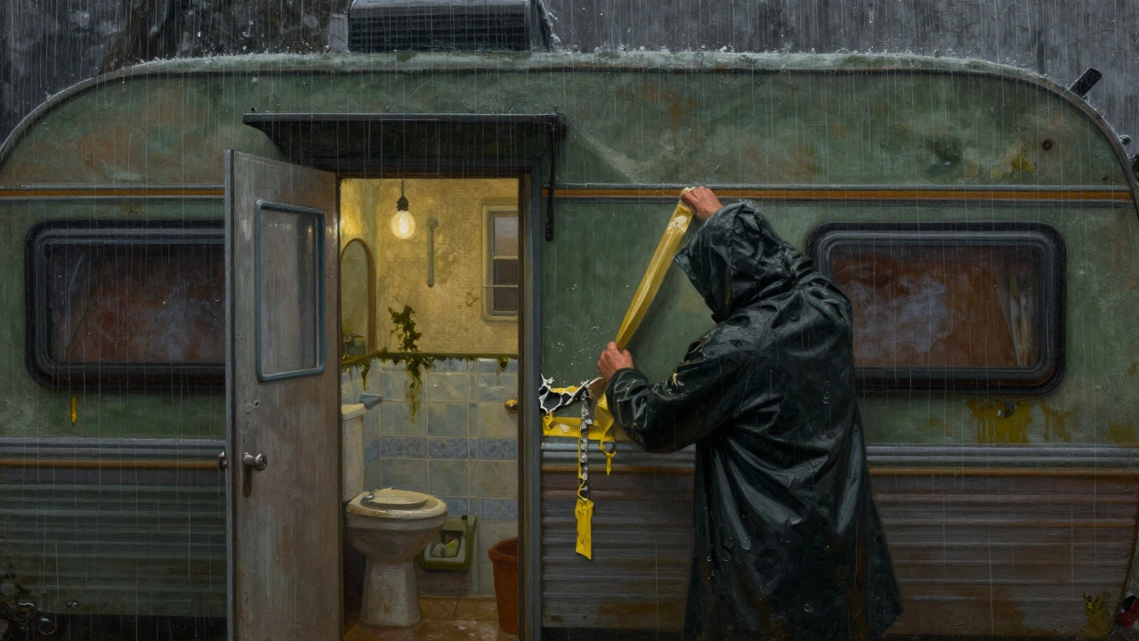A man repairing a leaking caravan roof during a heavy rainstorm, mold visible on the wall inside.