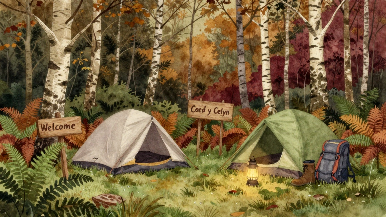 A peaceful woodland campsite in Wales with two tents among birch trees, no signs or electricity.