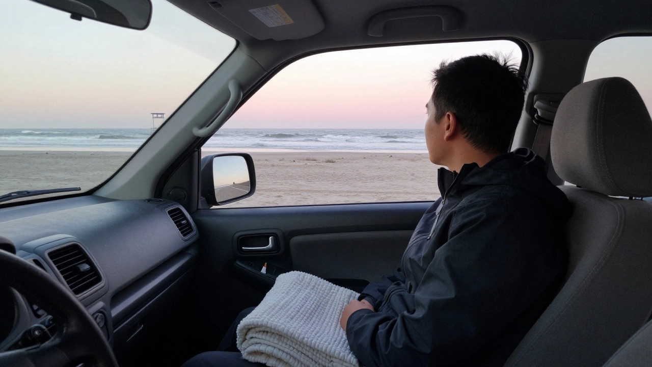 A person sitting in a car at dawn, looking out at the ocean with a thermal blanket on the passenger seat.
