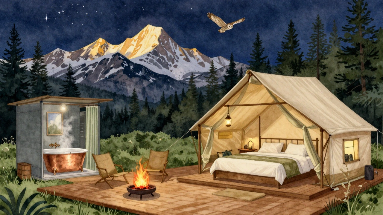A safari-style glamping tent with a four-poster bed and steaming tub under a starry sky in the Rockies.