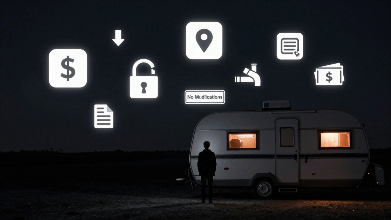 A solitary figure beside a caravan surrounded by floating symbols of its hidden costs and challenges.
