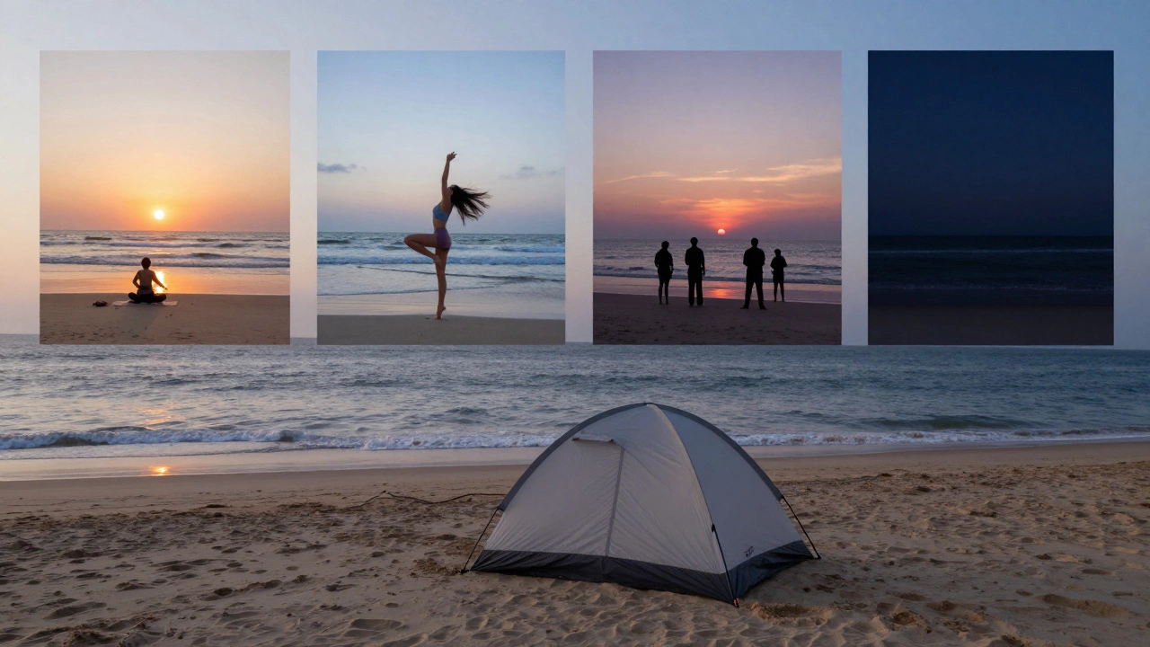 A tent at the beach with layered images showing day and night cycles, symbolizing extended coastal immersion.
