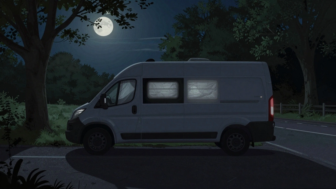 A van parked quietly in a remote layby at night, windows covered, no gear visible.