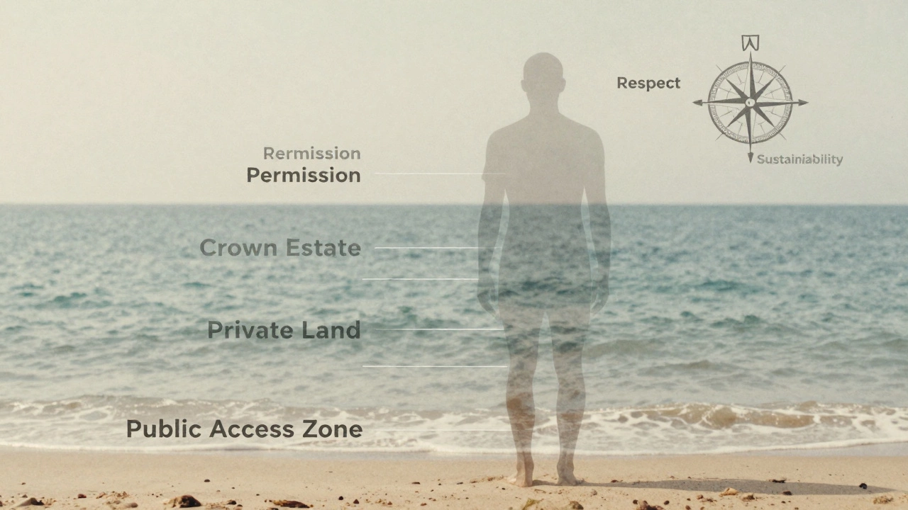 Abstract figure blending into coastal land and sea, with legal boundaries glowing faintly.