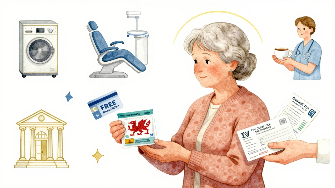 An older woman surrounded by floating icons representing free bus travel, prescriptions, TV license, and care support.