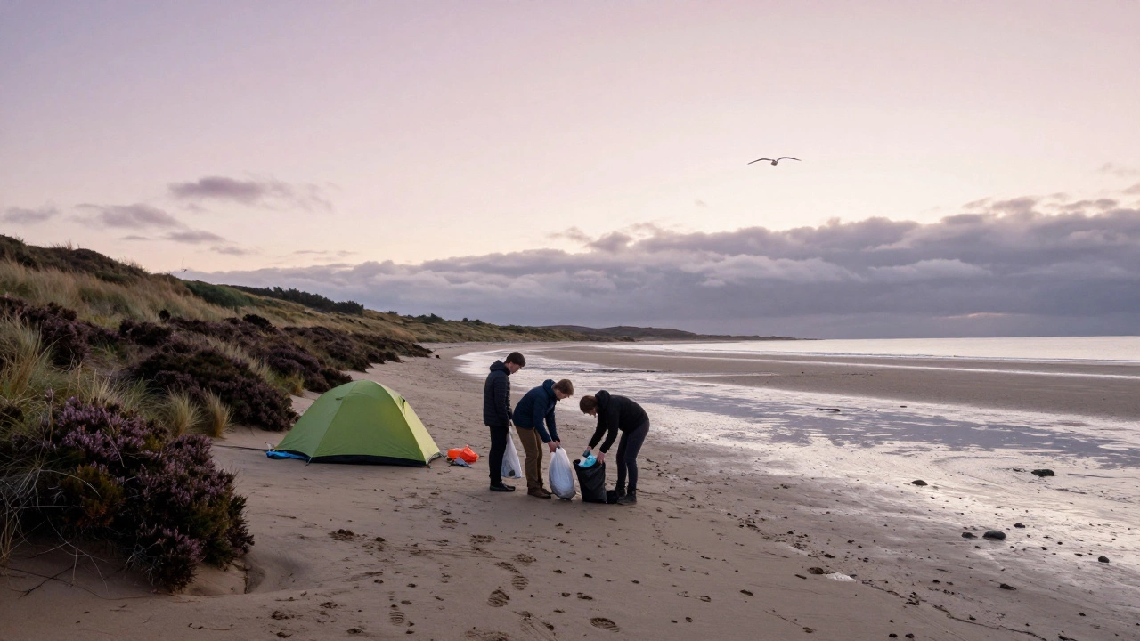 Campers packing up on a Scottish beach at sunrise, leaving no trace behind.