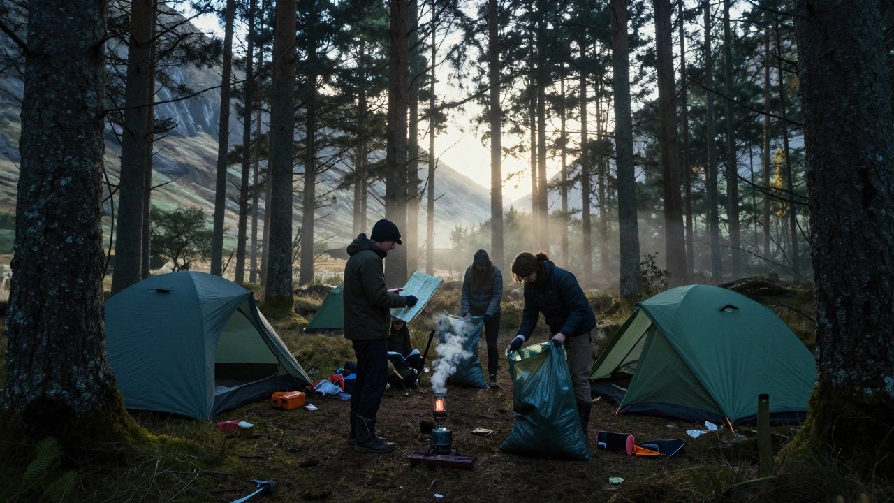 Campers packing up quietly in a Scottish forest at sunrise, leaving no trace behind.