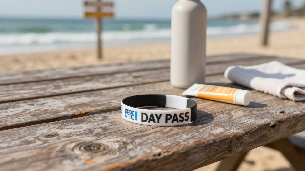 Close-up of a day pass wristband on a picnic table with sunscreen and water bottle, ocean in background.