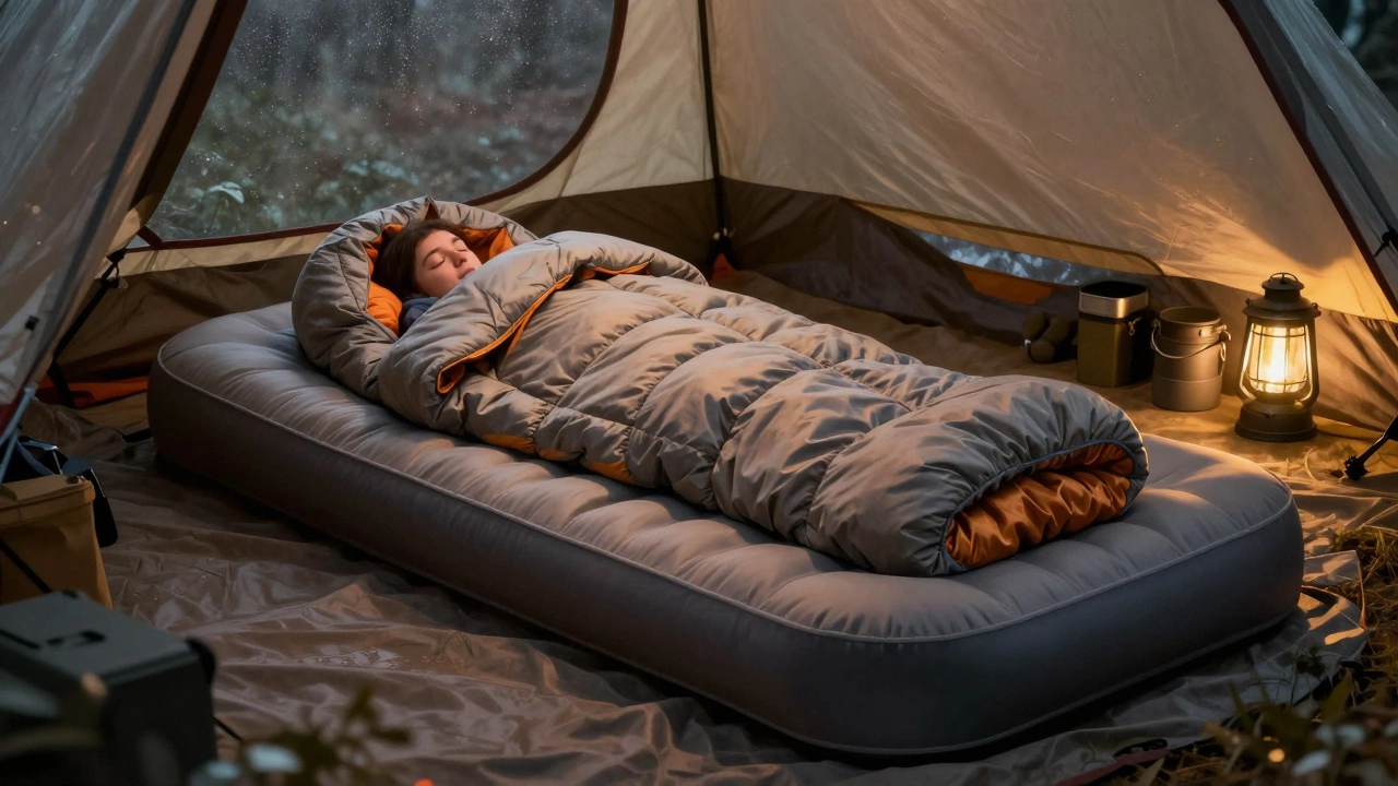 Comfortable sleeping system inside a tent with inflated pad and warm lantern light, surrounded by gear.