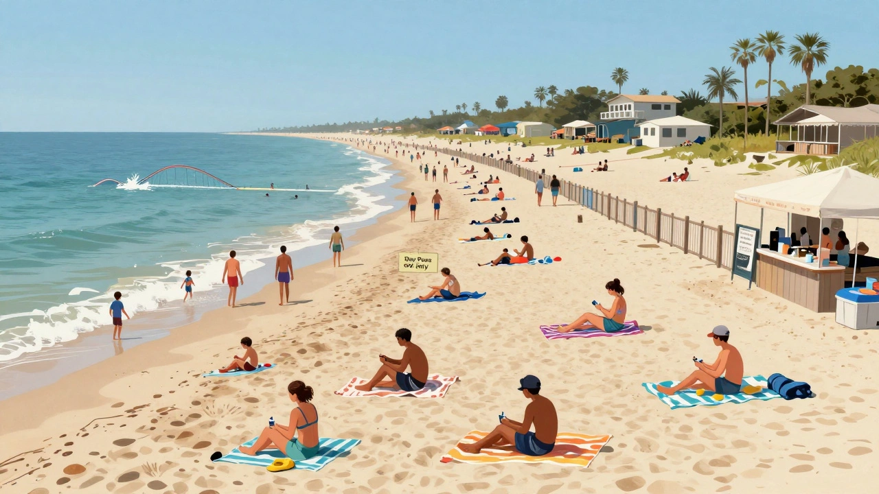 Crowded public beach at Ocean Lakes on a busy weekend, with families enjoying the shore and splash pad.