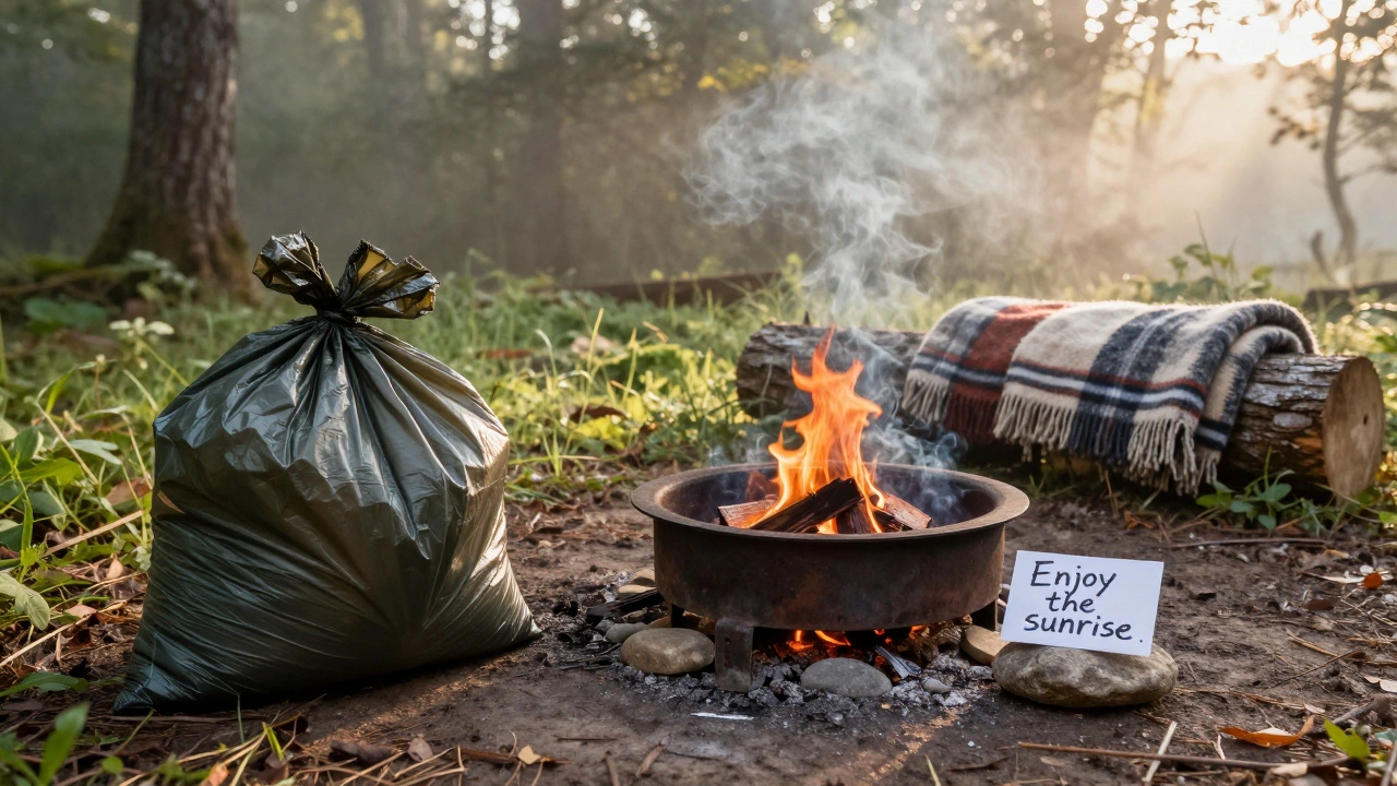 Empty but tidy campsite with a handwritten note by the fire pit, ready to leave no trace.