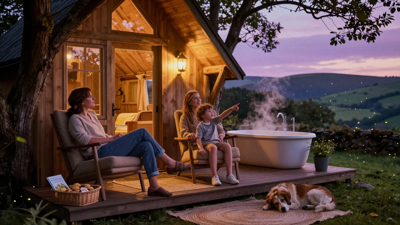 Family relaxing outside a treehouse glamping cabin at twilight with fireflies and a dog on a rug.