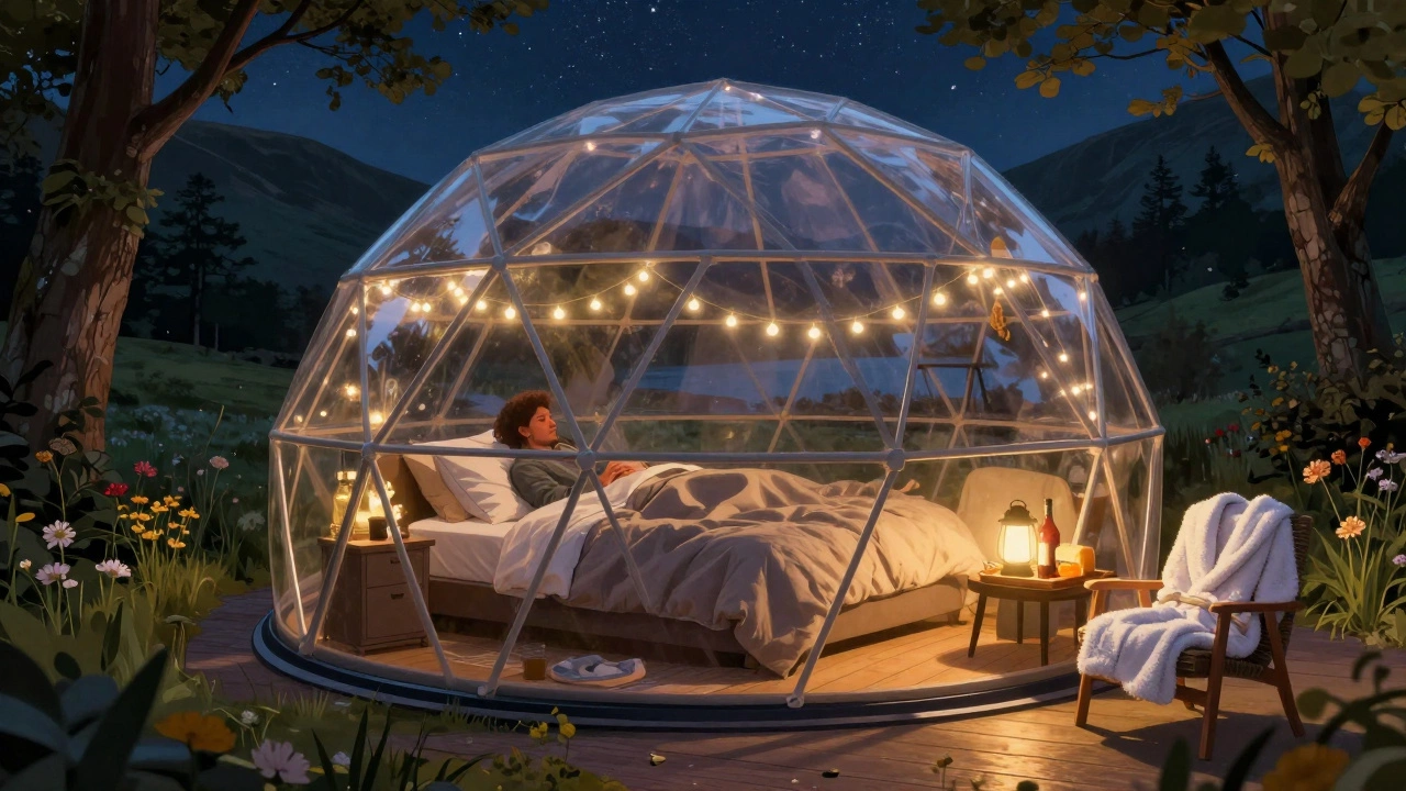 Glass dome glamping pod under a starry sky with a couple in bed, warm lights, and a tea tray nearby.