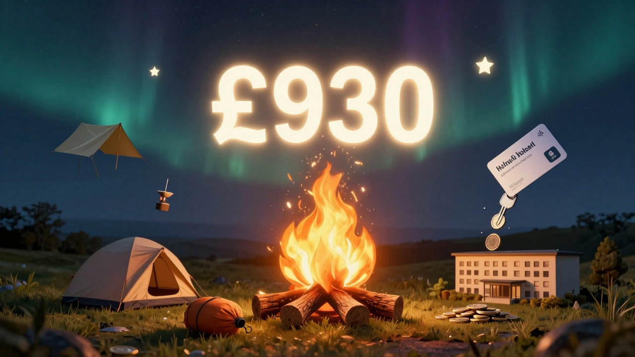 Glowing campfire-shaped savings symbol rising above UK campsites and hotels at night.