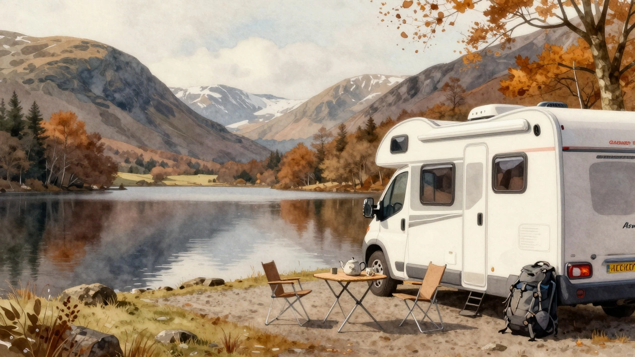 Motorhome by Wastwater Lake in autumn, surrounded by golden fells and reflections.