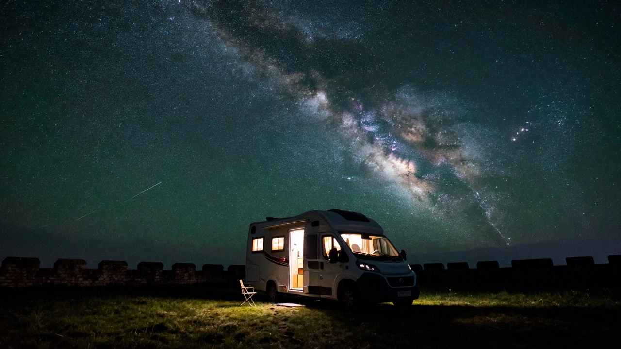 Motorhome under the Milky Way in Northumberland’s dark sky park at night.