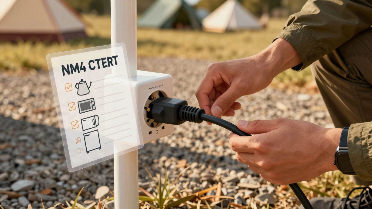 Person safely plugging in a camping lead to a 16A campsite socket, with appliance wattage checklist visible nearby.