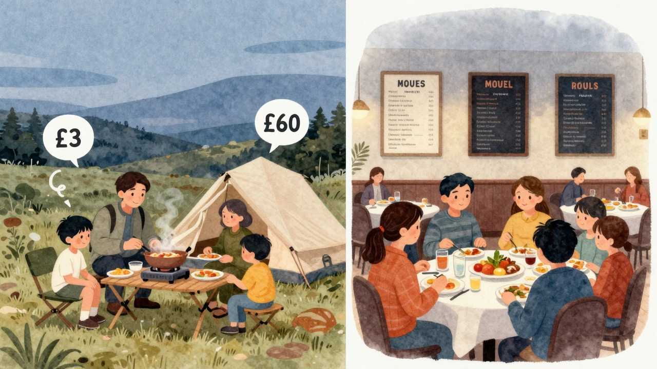 Side-by-side scene: family cooking at campsite vs eating in hotel, with cost differences shown.