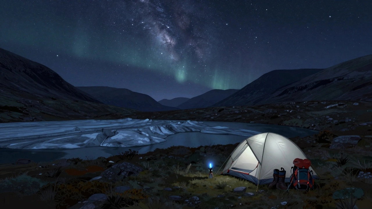 Single tent beside a mountain lake in the Scottish Highlands under a starry night sky.