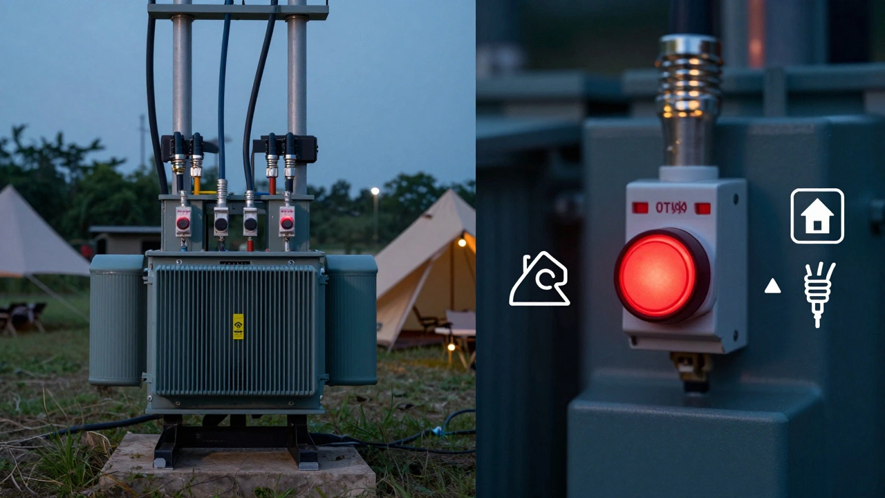 Split-view showing campsite power grid and a tripped breaker, contrasting safe vs. unsafe electrical cords.