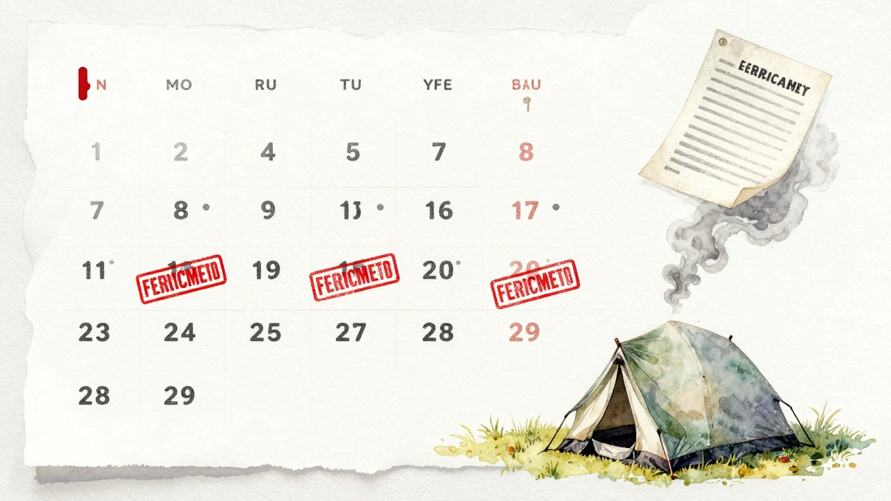 A calendar showing 28 tent icons fading into a red enforcement stamp, a tent dissolving into smoke.