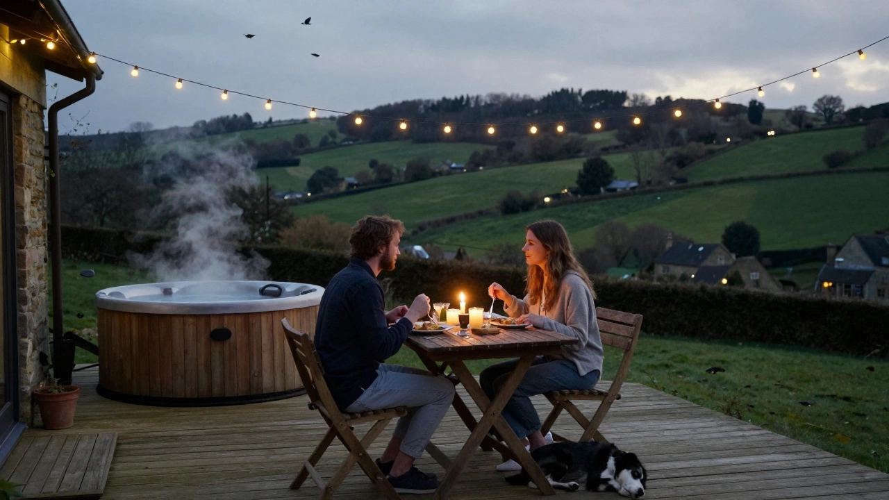 A couple enjoys a candlelit dinner on a wooden deck overlooking rolling hills, with a hot tub nearby and fairy lights above.