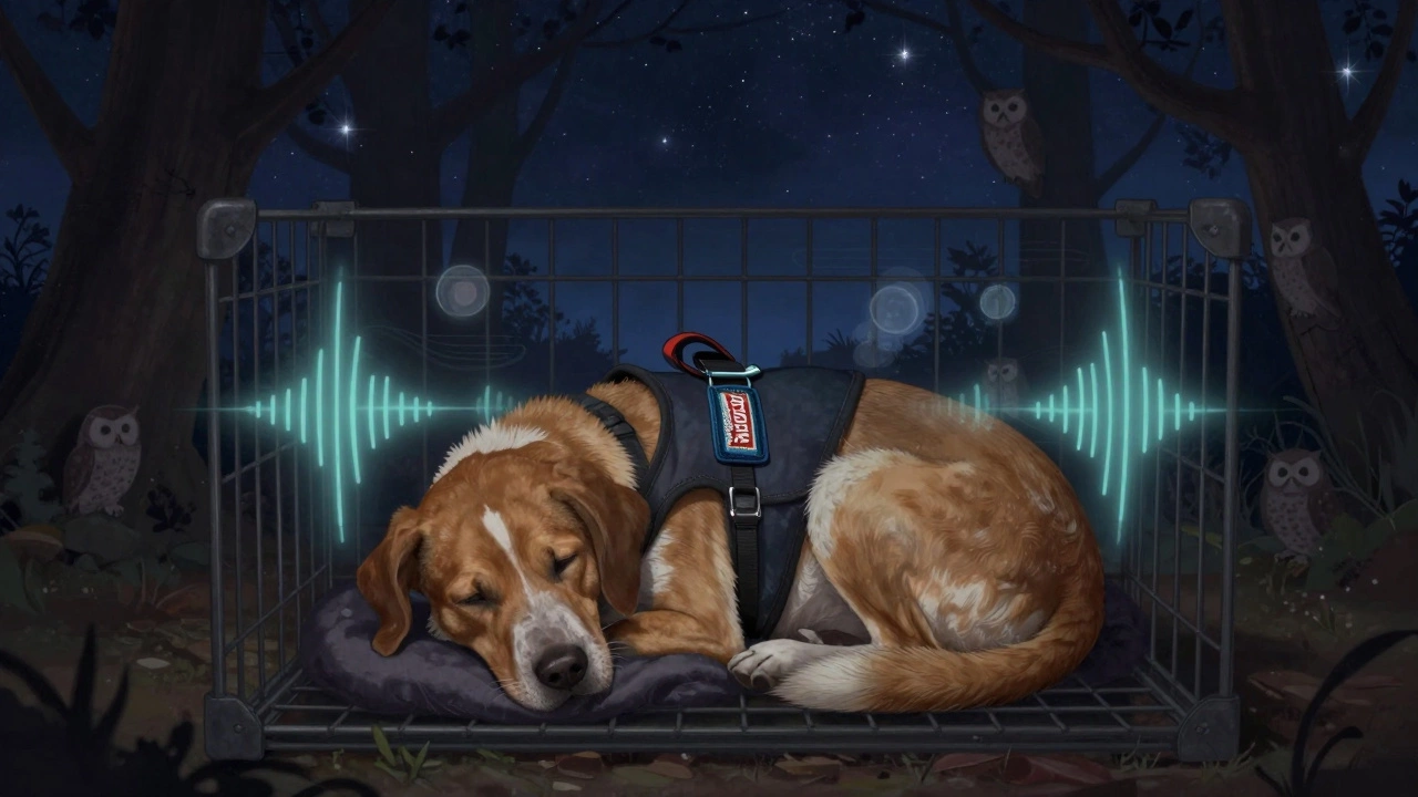 A dog in a pressure wrap sleeps peacefully in a crate under a starry night sky.