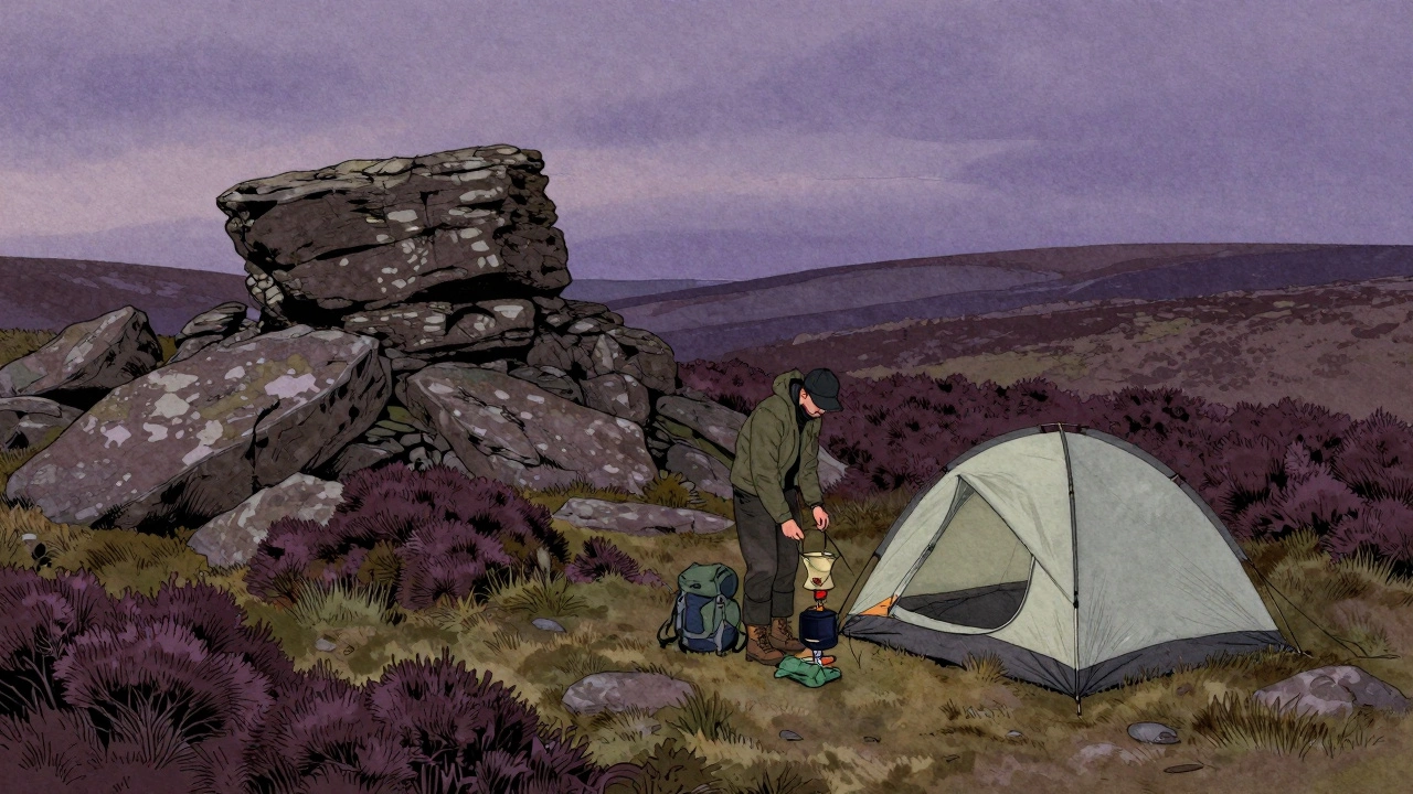 A lone camper packing up a tent at twilight in Dartmoor, standing beside granite rocks with heather hills in the background.