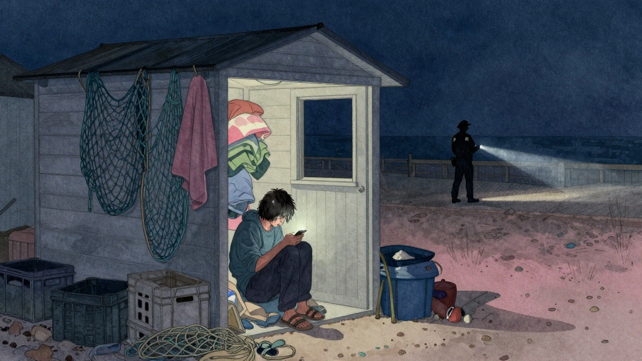 A person huddled inside a cluttered beach hut at night as a security officer approaches with a flashlight.
