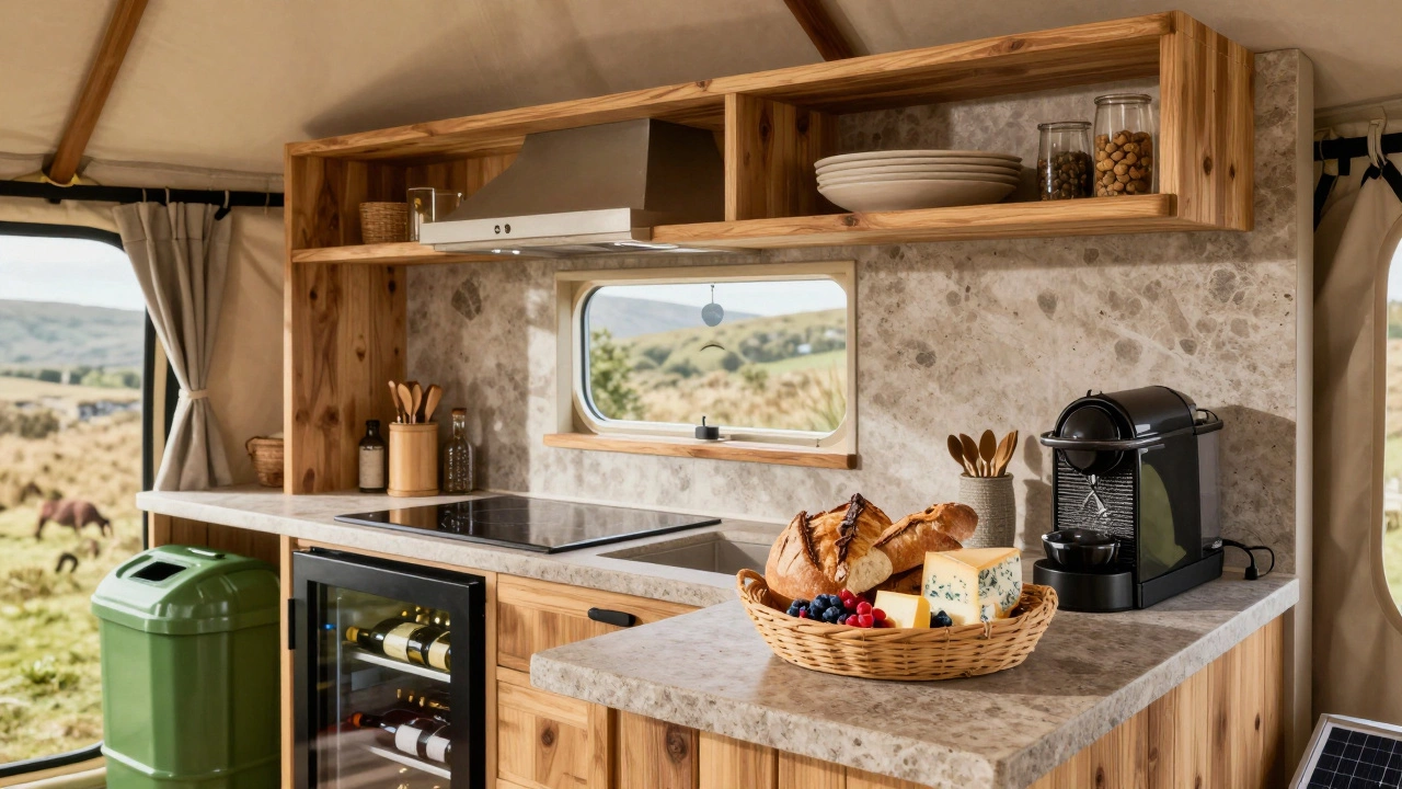 A rustic yet modern glamping kitchenette with breakfast basket, induction cooktop, and natural light streaming in.