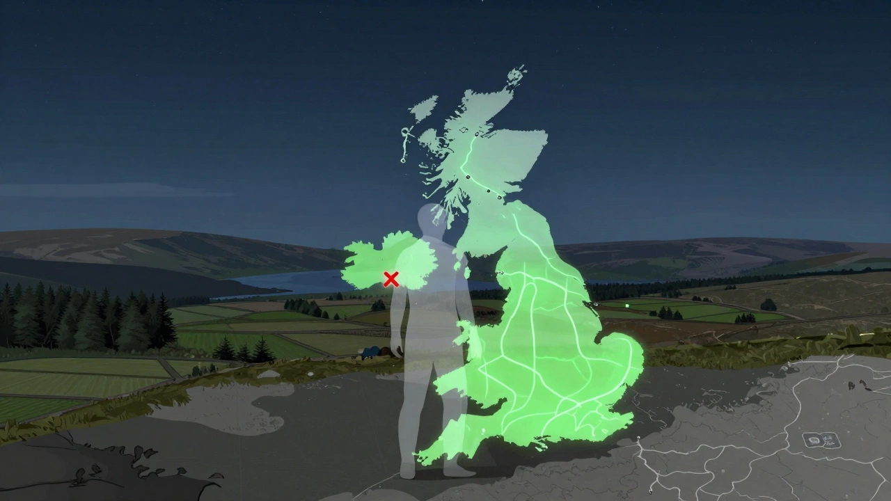 A transparent figure on a map of the UK showing legal camping areas in green and restricted zones in red, under a starry sky.