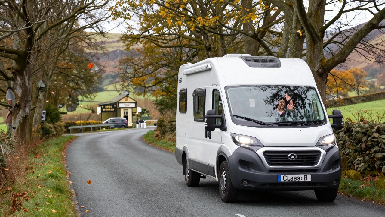 Class B motorhome driving down a narrow country road in autumn, with a pub in the distance.
