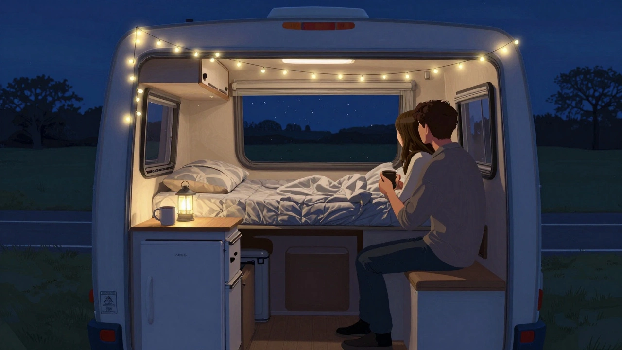 Cozy interior of a Class B RV at night, warm lighting, fold-down bed, and stars visible through the window.