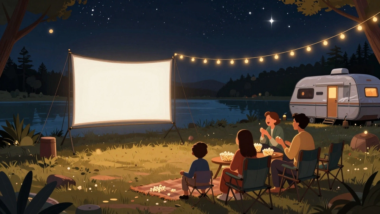 Family watching a movie under the stars at Pirateland Campground with string lights and children laughing.