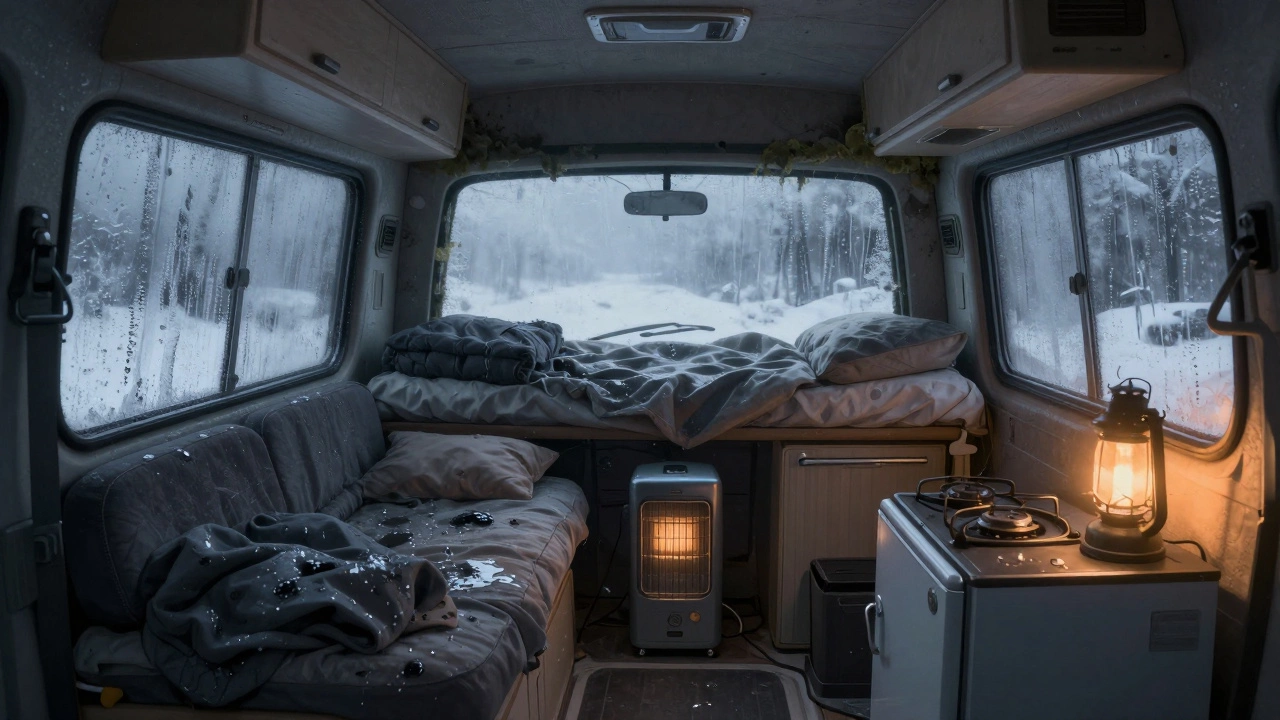 Inside a cold, damp campervan in winter with condensation on windows and mold on the ceiling.
