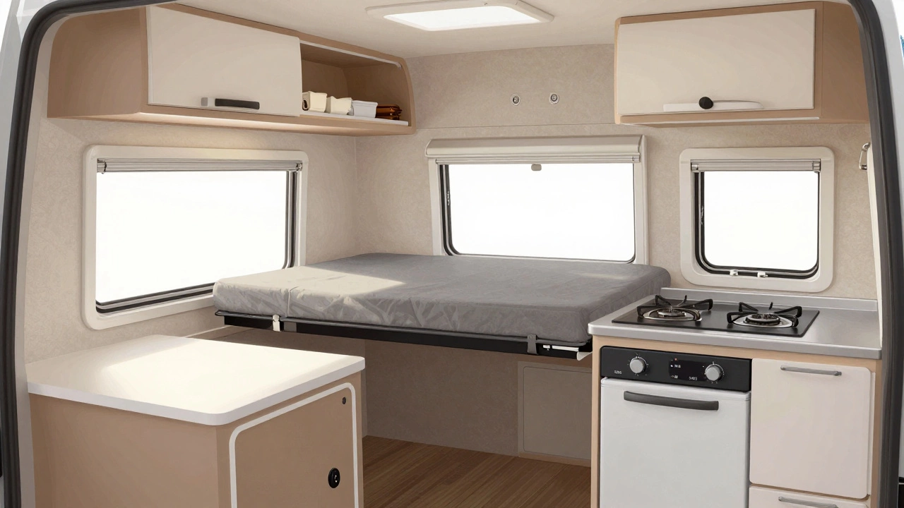 Interior of a compact motorhome with fold-down bed, small kitchen, and hidden toilet cabinet.