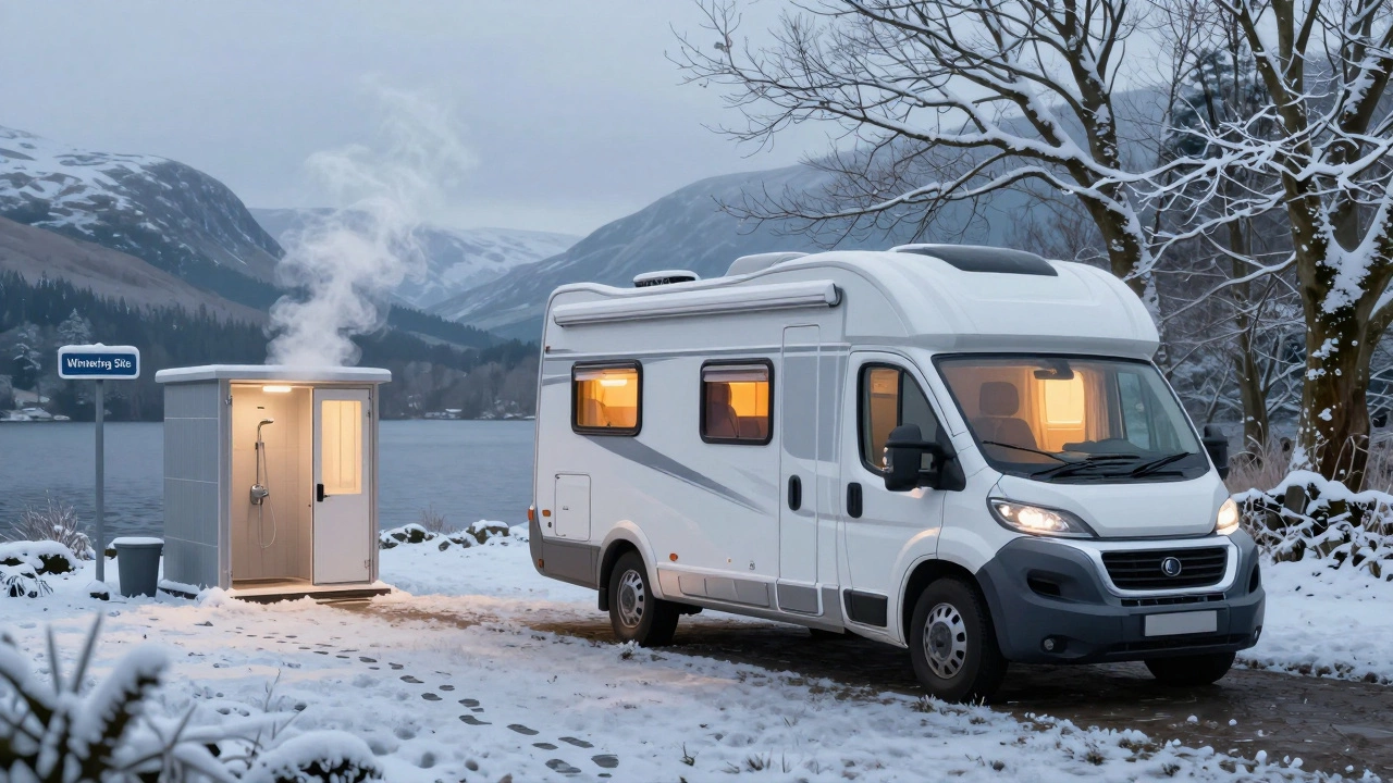 Motorhome on seasonal pitch in Lake District with snow-covered trees and steam from shower block.