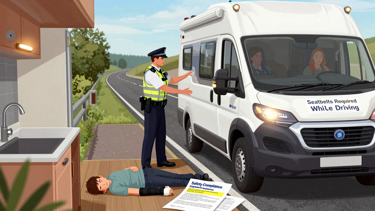 Police stop a motorhome on the highway; one passenger injured on floor while others are belted.