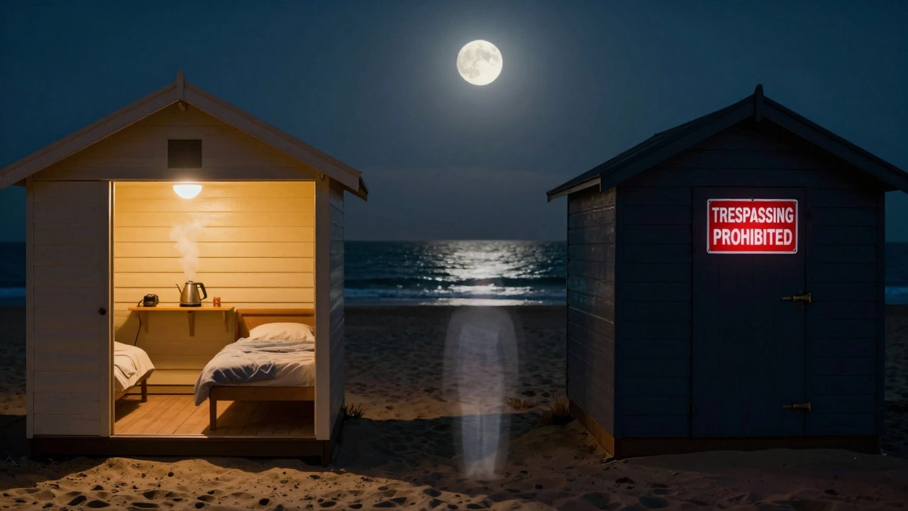 Split image: a legal overnight beach hut on one side, a locked, forbidden one on the other, with a fading figure between.