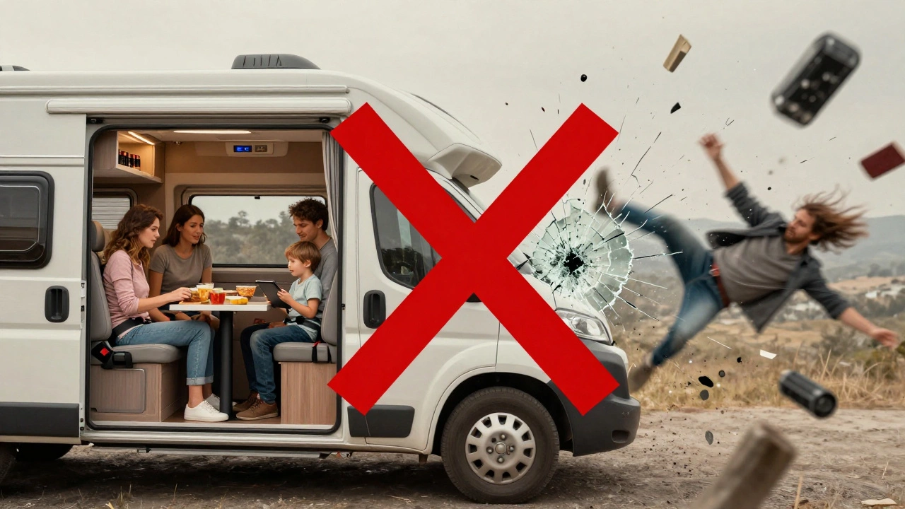 Split image: safe seated passengers vs chaotic unsecured movement in a motorhome during travel.