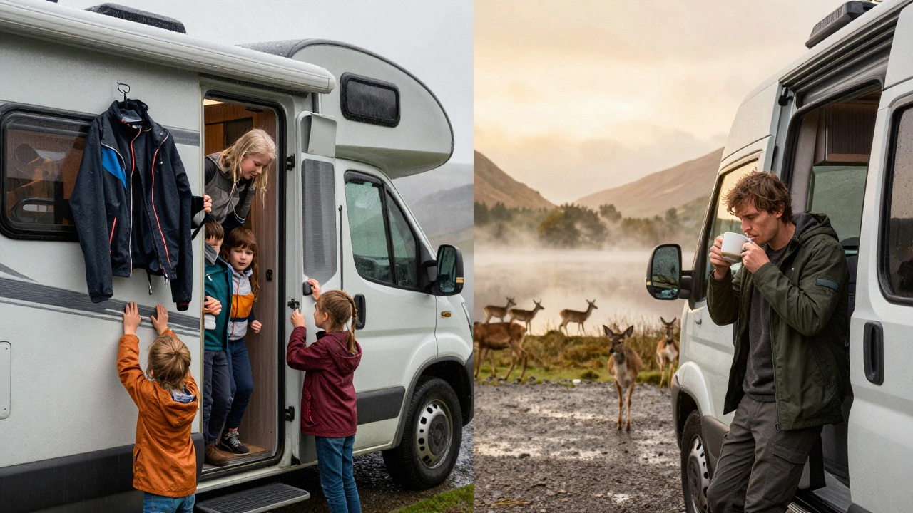 Split-screen: left shows cramped family in rain, right shows solo traveler at dawn by a misty lake.