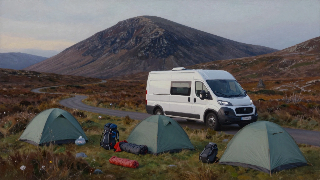 Van dweller moving camp in Scottish Highlands, three tents along a moorland path at twilight.