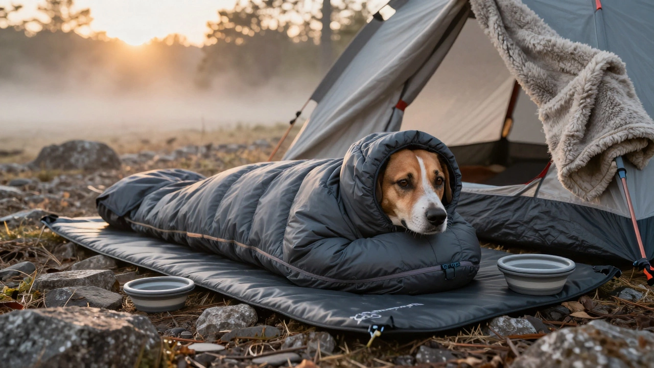 A dog snuggled in an insulated sleeping bag at dawn, with a wool blanket and water bowl beside it on a campsite.