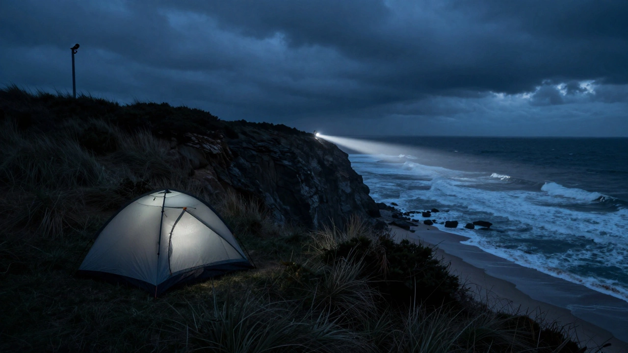 A hidden tent on a coastal dune under a CCTV camera as a police spotlight sweeps the shore at night.