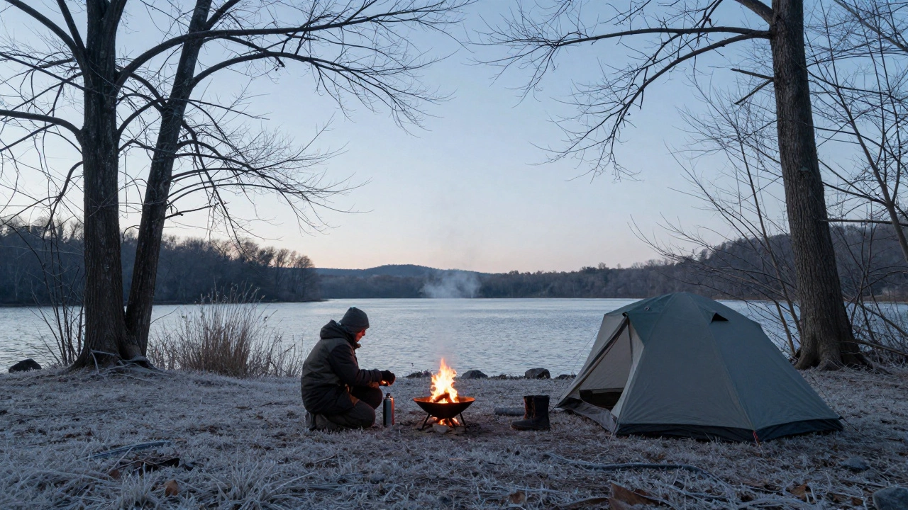 A lone camper at a winter Jordan Lake campsite beside a fire pit, frosty ground and bare trees in the background.