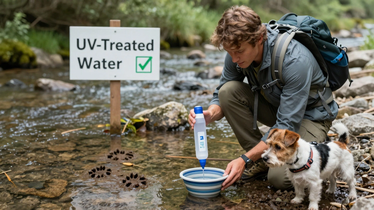 A pet owner using a portable water filter to provide safe drinking water for their dog near a stream.