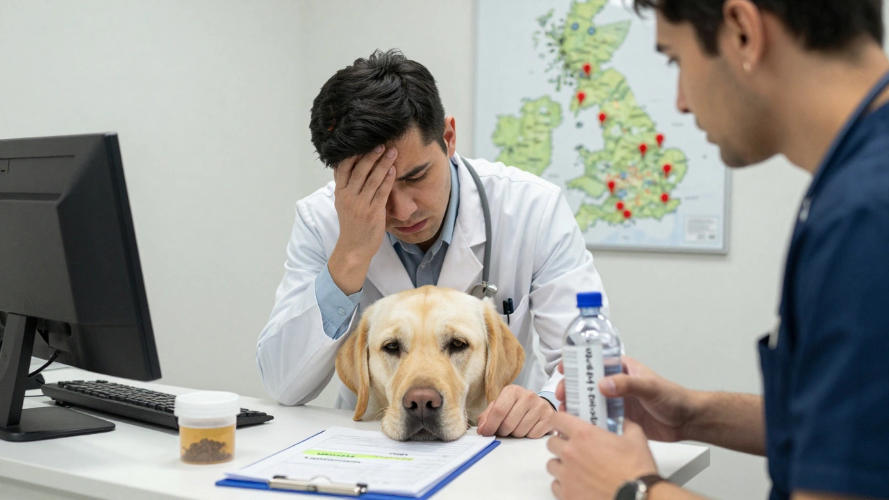 A veterinarian examining a sick dog with yellowish gums, with a campsite water bottle on the counter.