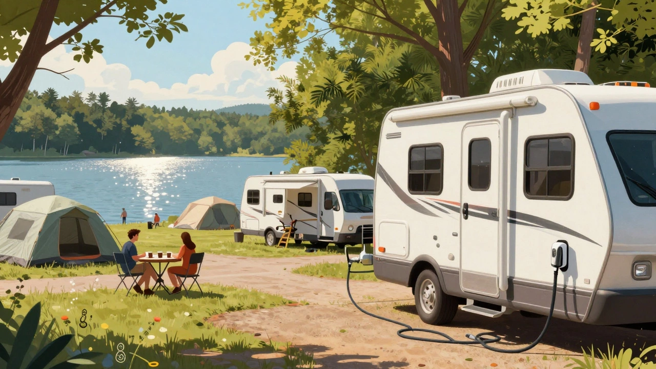 An RV at an upgraded Jordan Lake campground with hookups, surrounded by other vehicles under summer trees.