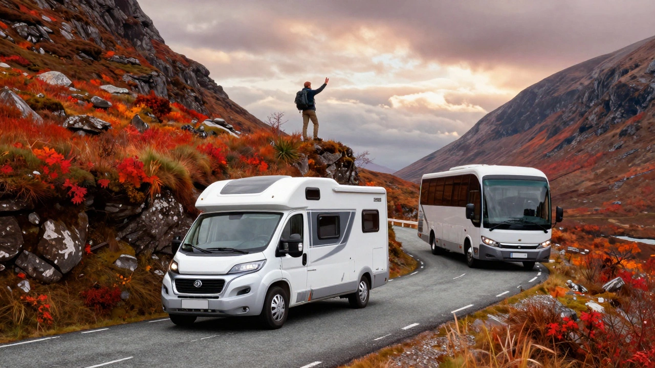 Class B camper van driving a narrow mountain road in the Scottish Highlands beside a larger bus.