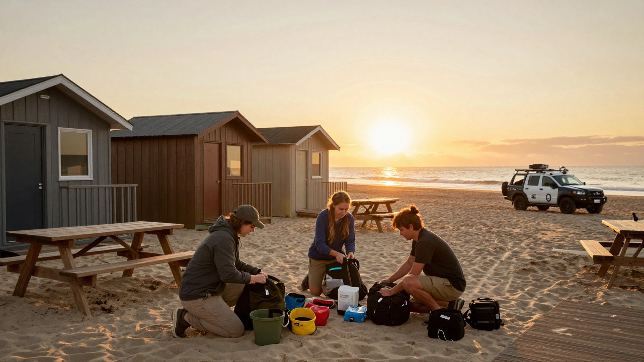 Families packing up at a legal beach campsite with facilities and a ranger nearby at sunrise.
